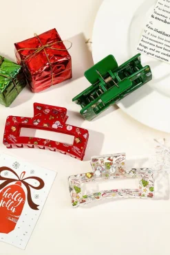 Fashion Dear-Lover Cartoon Christmas Pattern Print Hollow Out Hair Clip Racing Red