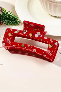 Fashion Dear-Lover Cartoon Christmas Pattern Print Hollow Out Hair Clip Racing Red