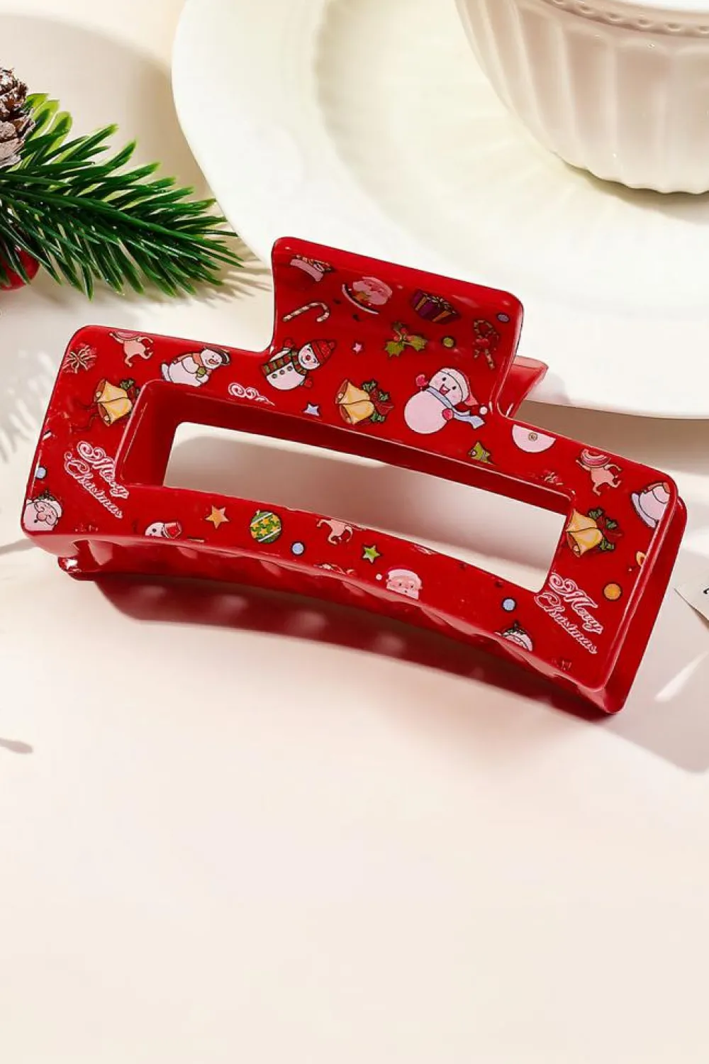 Fashion Dear-Lover Cartoon Christmas Pattern Print Hollow Out Hair Clip Racing Red