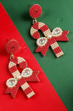Sale Dear-Lover Christmas Candy Cane Pearl Beaded Dangle Earrings Racing Red