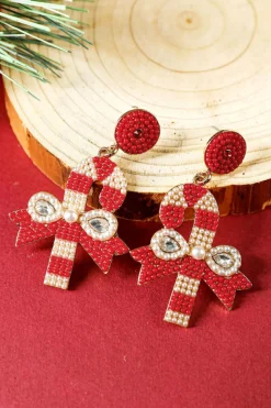 Sale Dear-Lover Christmas Candy Cane Pearl Beaded Dangle Earrings Racing Red
