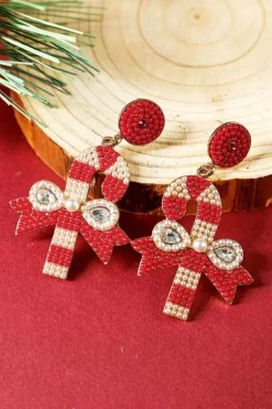 Sale Dear-Lover Christmas Candy Cane Pearl Beaded Dangle Earrings Racing Red