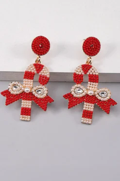Sale Dear-Lover Christmas Candy Cane Pearl Beaded Dangle Earrings Racing Red