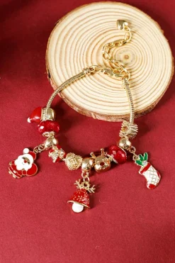 Clearance Dear-Lover Christmas Pendant Adjustable Plated Beaded Bracelet Racing Red