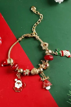Clearance Dear-Lover Christmas Pendant Adjustable Plated Beaded Bracelet Racing Red
