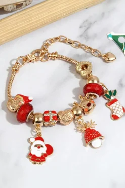 Clearance Dear-Lover Christmas Pendant Adjustable Plated Beaded Bracelet Racing Red