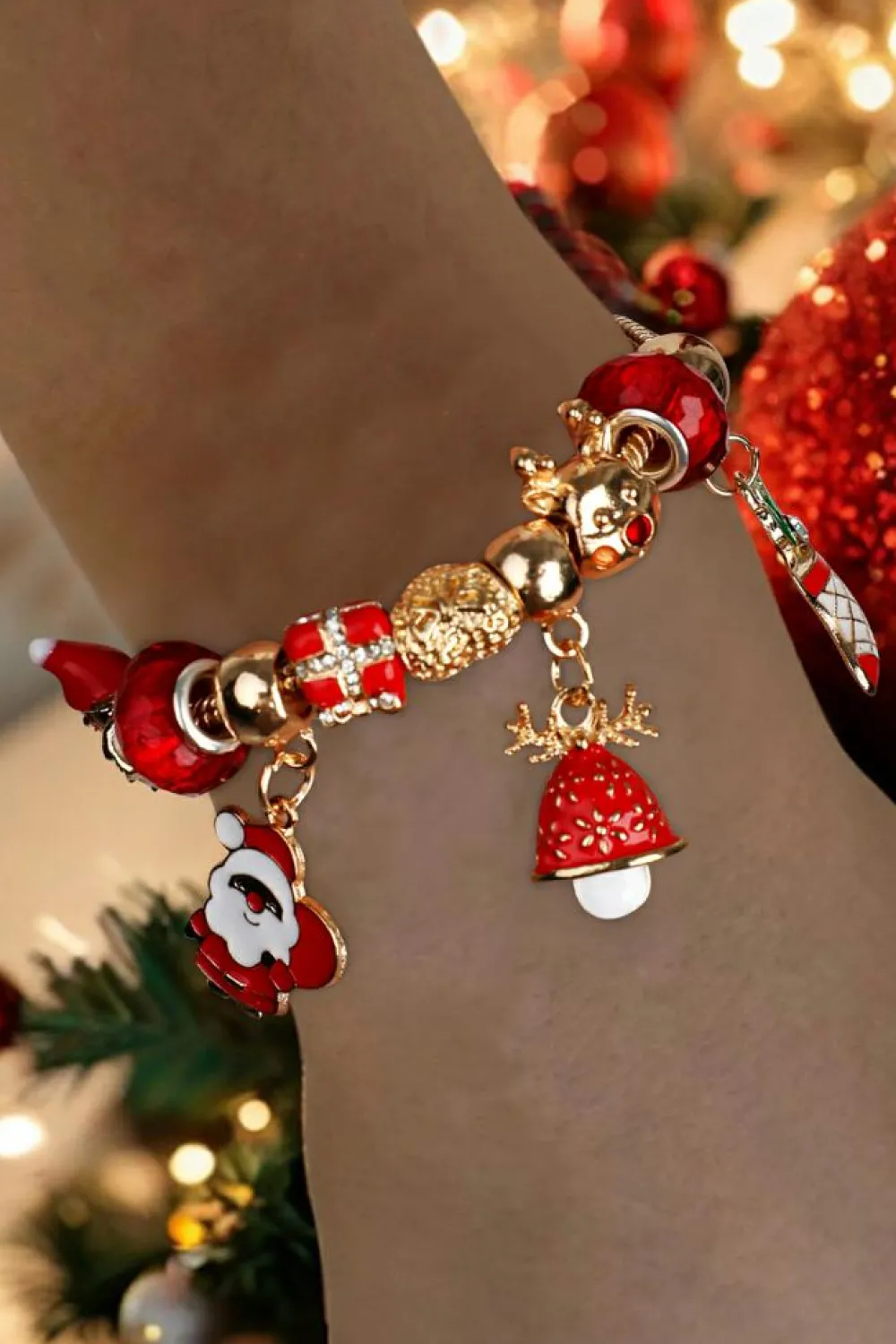 Clearance Dear-Lover Christmas Pendant Adjustable Plated Beaded Bracelet Racing Red