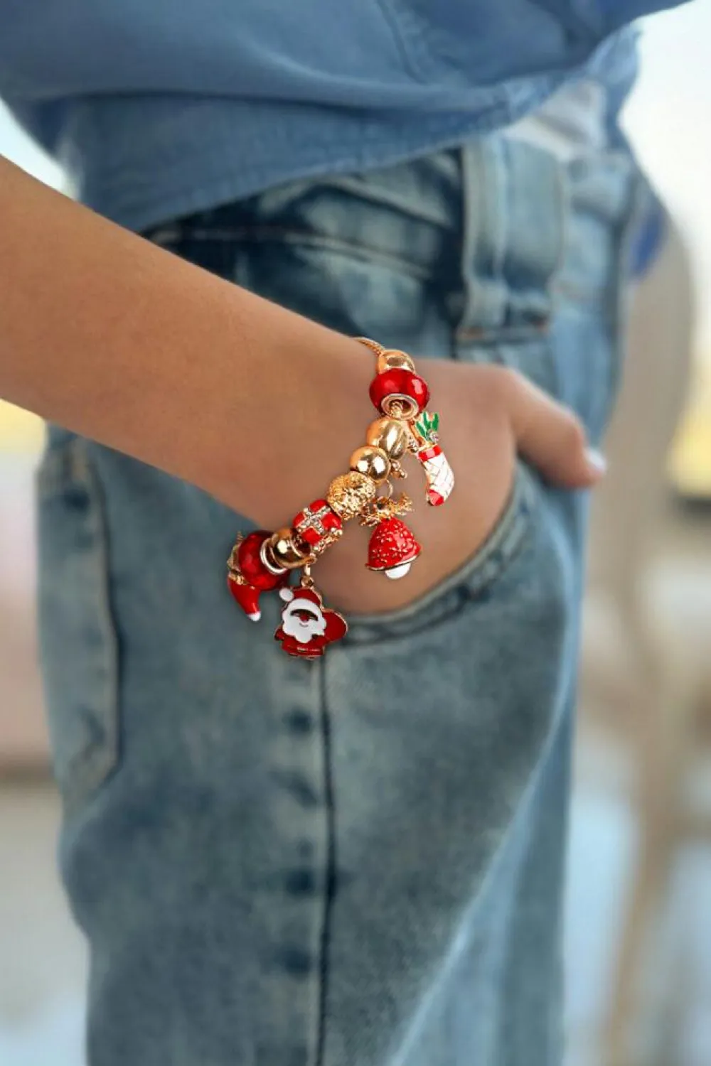 Clearance Dear-Lover Christmas Pendant Adjustable Plated Beaded Bracelet Racing Red