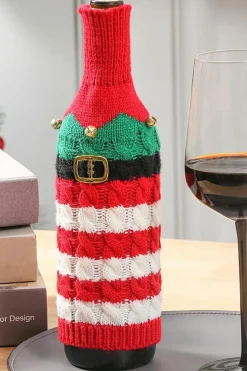 Hot Dear-Lover Christmas Stripes Knitted Jingle Bell Wine Bottle Sleeve Racing Red