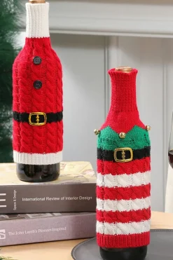 Hot Dear-Lover Christmas Stripes Knitted Jingle Bell Wine Bottle Sleeve Racing Red