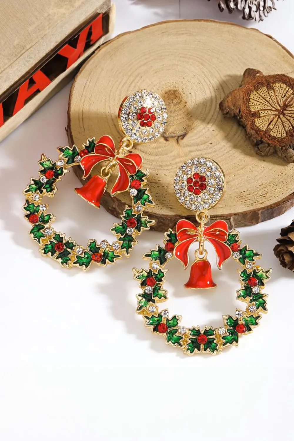 Sale Dear-Lover Christmas Wreath Bell Rhinestone Stud Dangle Earrings Racing Red