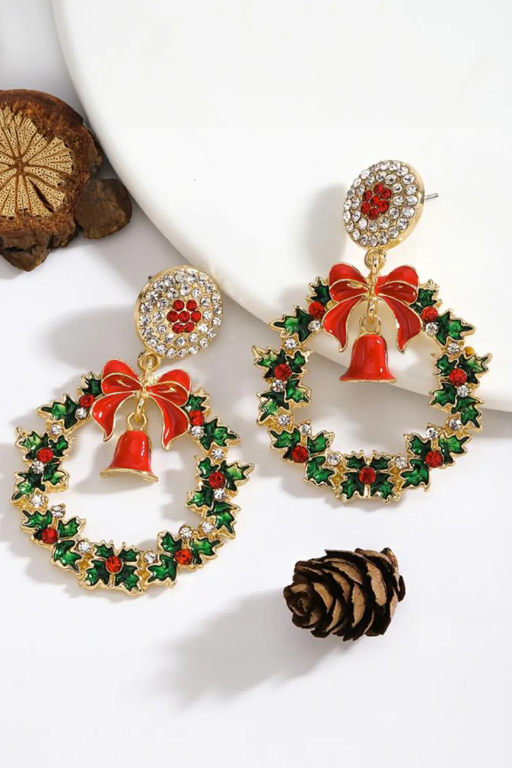 Sale Dear-Lover Christmas Wreath Bell Rhinestone Stud Dangle Earrings Racing Red