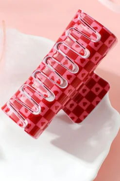 Fashion Dear-Lover Heart Checkered Print Cut Out Hair Claw Clip Racing Red