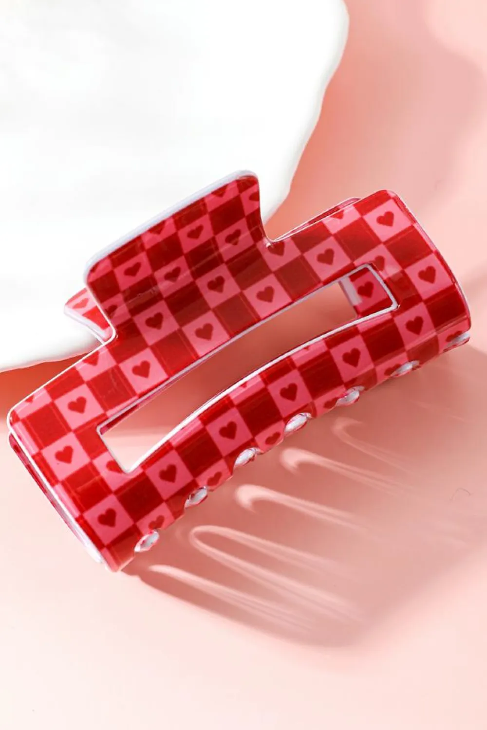 Fashion Dear-Lover Heart Checkered Print Cut Out Hair Claw Clip Racing Red