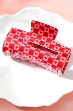 Fashion Dear-Lover Heart Checkered Print Cut Out Hair Claw Clip Racing Red