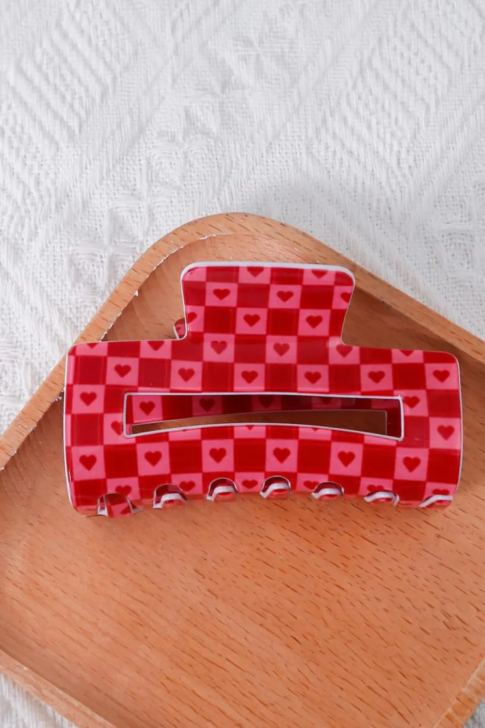 Fashion Dear-Lover Heart Checkered Print Cut Out Hair Claw Clip Racing Red