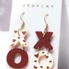 Clearance Dear-Lover Heart Print XOXO Letter Dangle Hook Earrings Racing Red