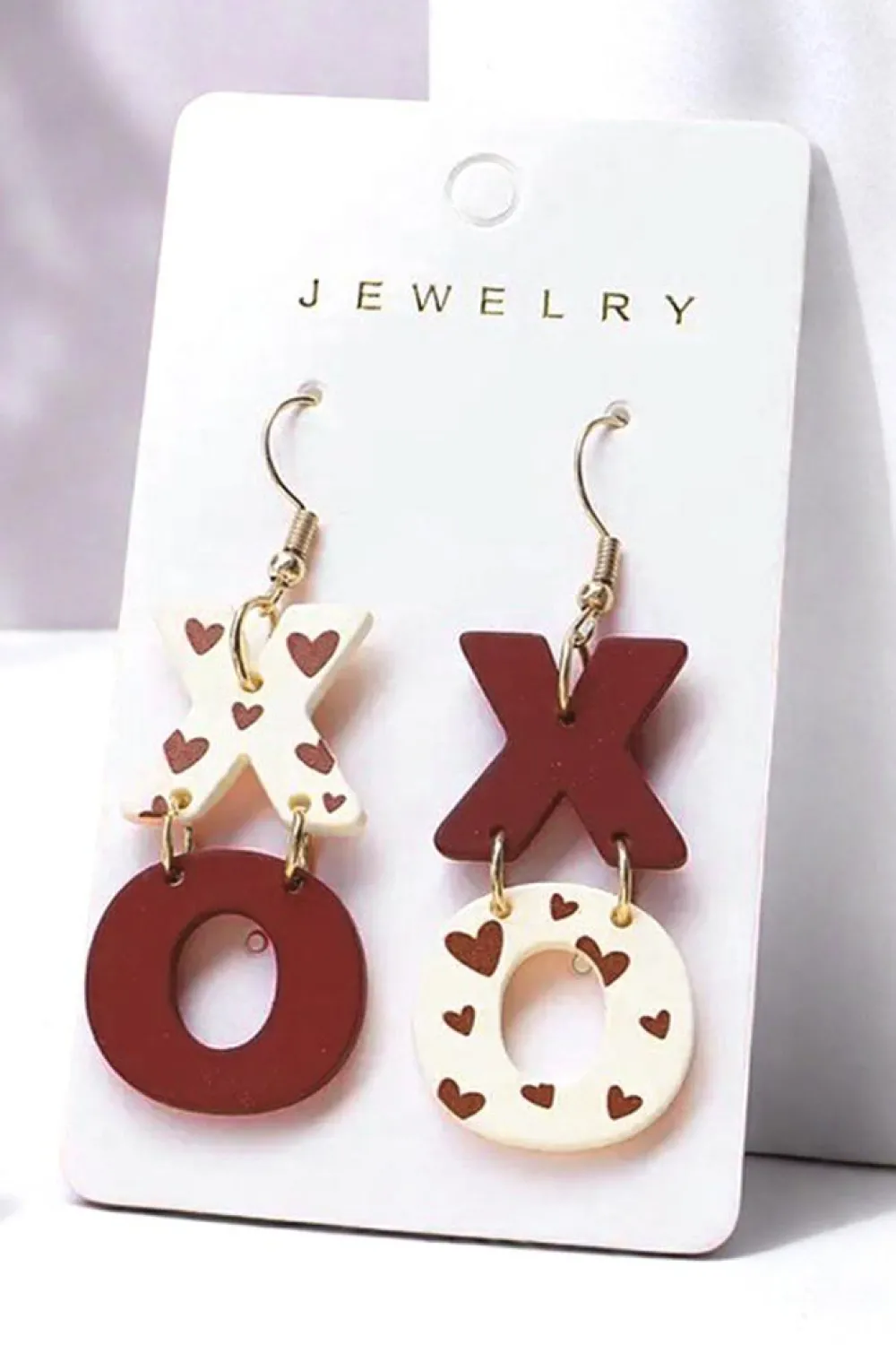 Clearance Dear-Lover Heart Print XOXO Letter Dangle Hook Earrings Racing Red