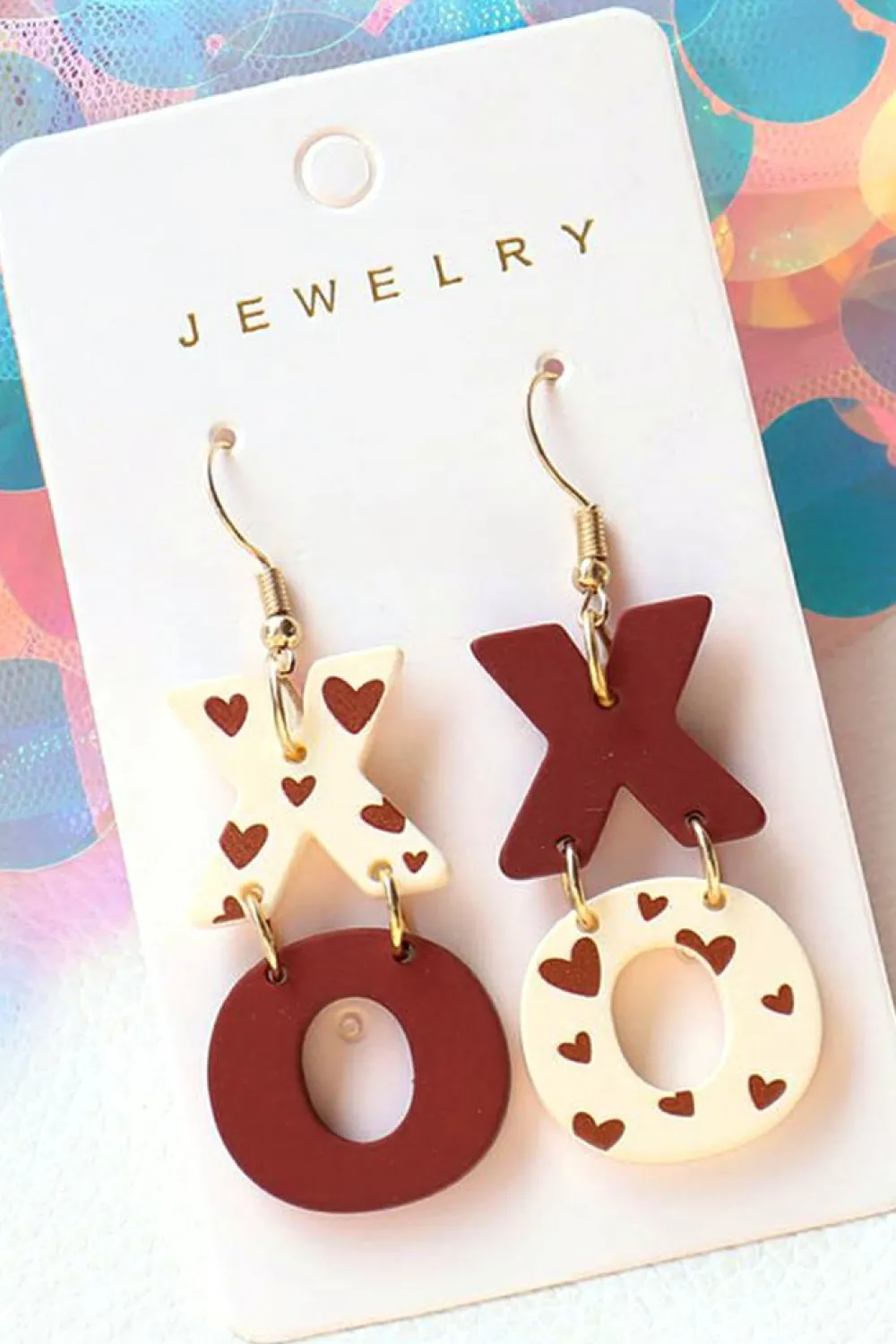 Clearance Dear-Lover Heart Print XOXO Letter Dangle Hook Earrings Racing Red