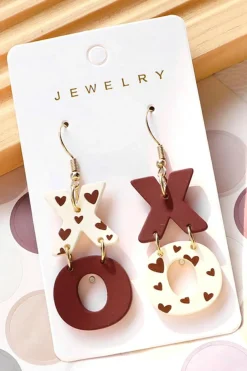Clearance Dear-Lover Heart Print XOXO Letter Dangle Hook Earrings Racing Red