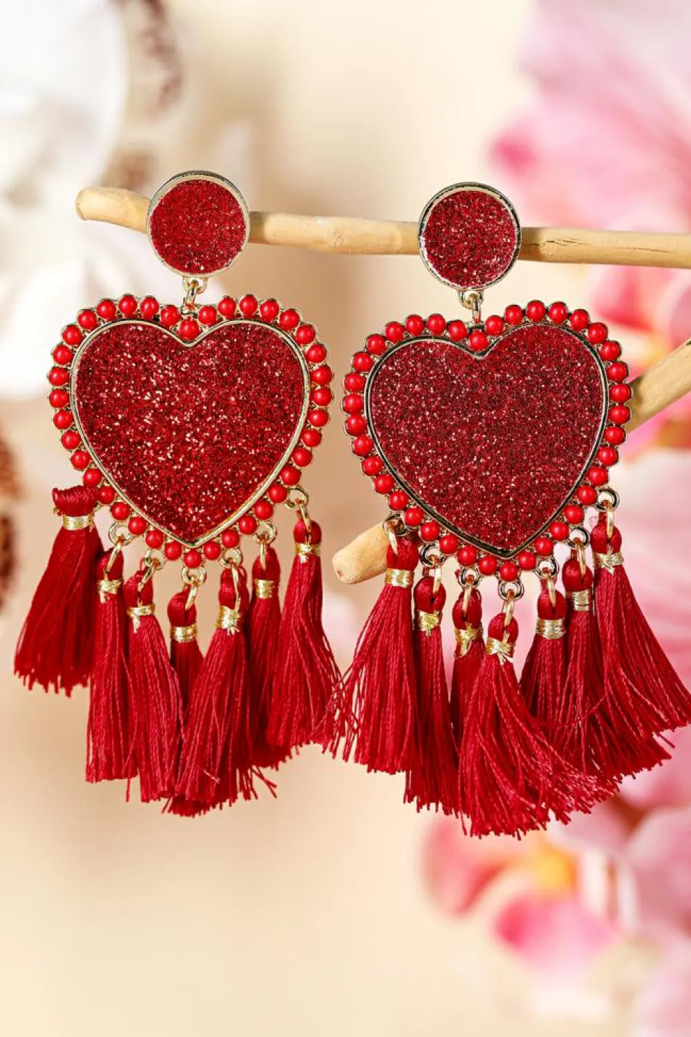 Fashion Dear-Lover Heart Shape Tasseled Dangle Earrings Racing Red