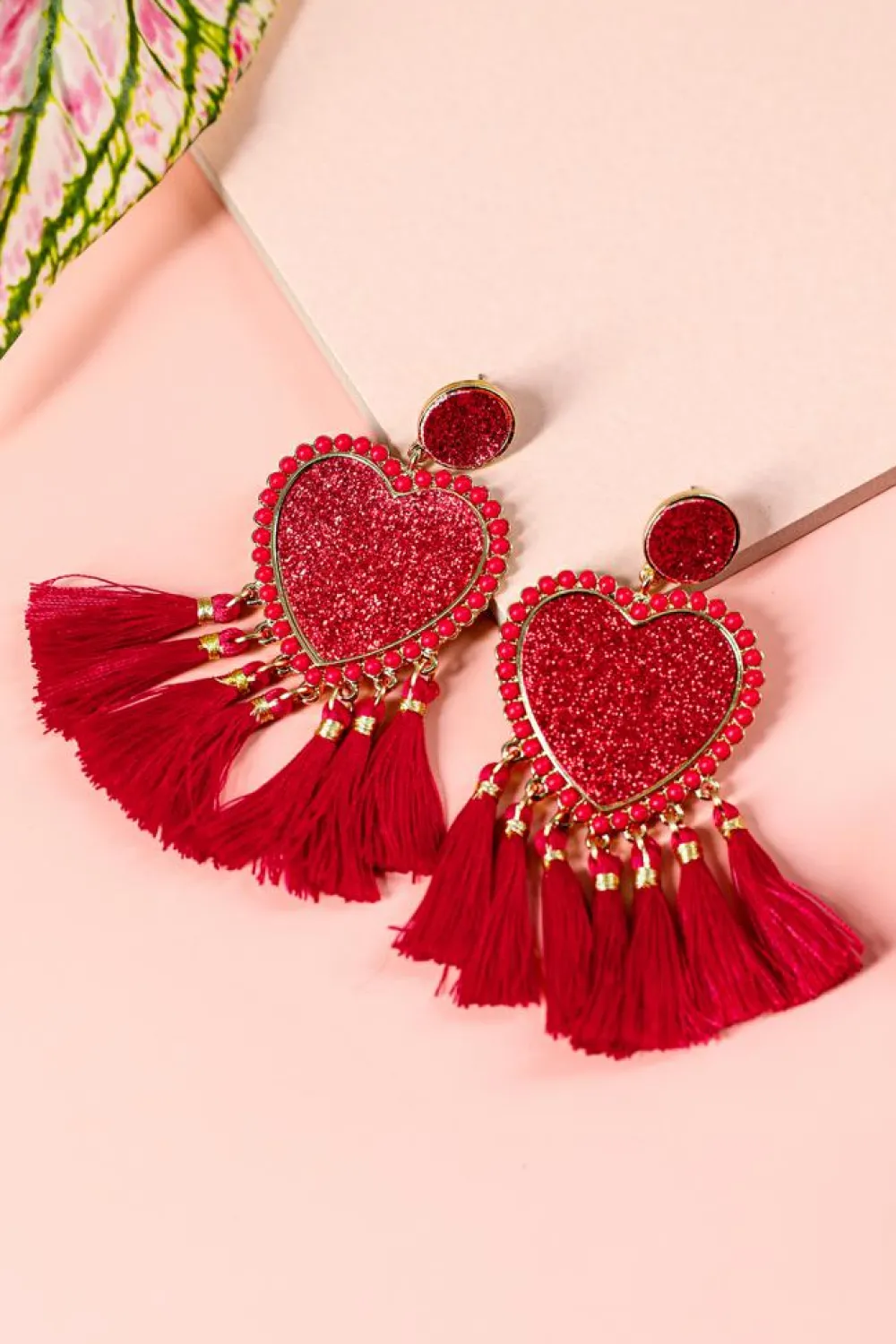 Fashion Dear-Lover Heart Shape Tasseled Dangle Earrings Racing Red