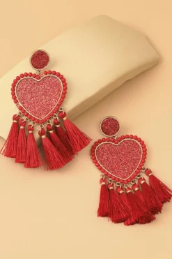 Fashion Dear-Lover Heart Shape Tasseled Dangle Earrings Racing Red