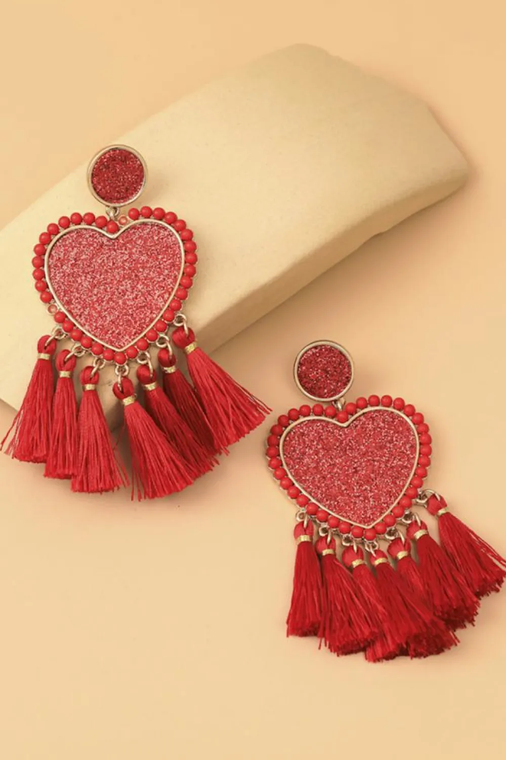 Fashion Dear-Lover Heart Shape Tasseled Dangle Earrings Racing Red