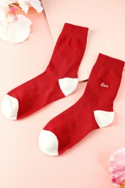 Outlet Dear-Lover Love Embroidered Ribbed Color Block Crew Socks Racing Red