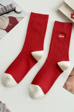 Outlet Dear-Lover Love Embroidered Ribbed Color Block Crew Socks Racing Red