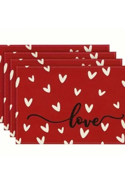 New Dear-Lover Love Heart Print Antifouling Reusable Flax Placemat Racing Red
