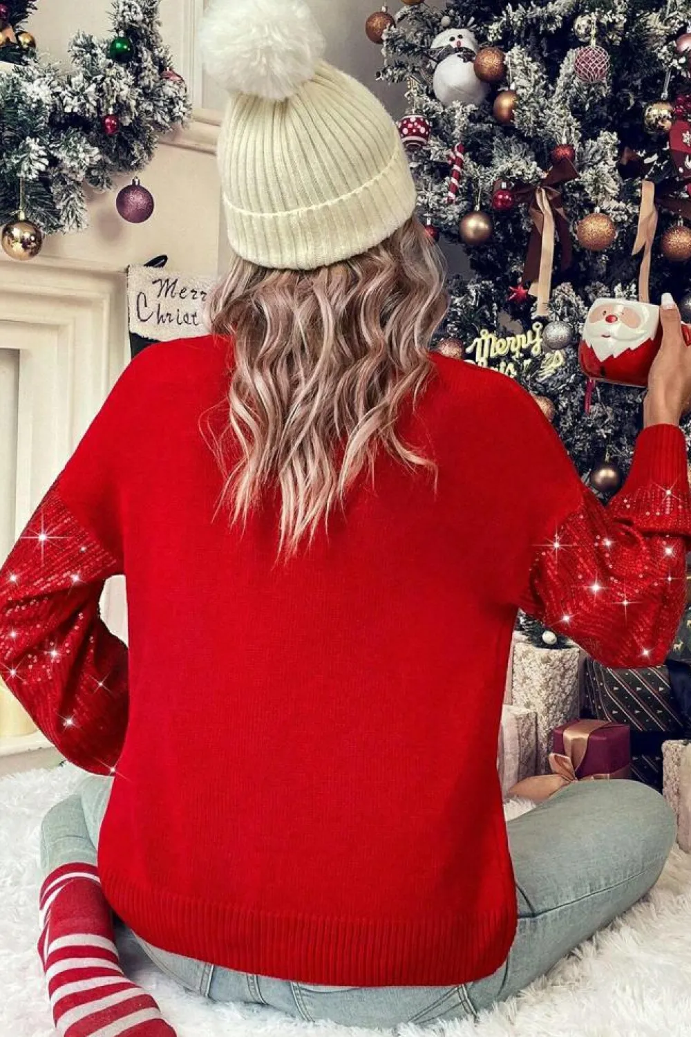 Best Dear-Lover Merry Graphic Sequin Sleeves Christmas Turtleneck Sweater Racing Red