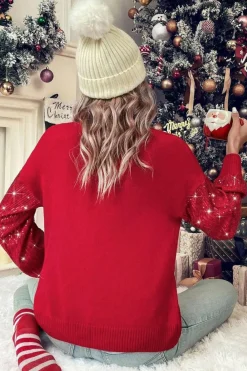 Hot Dear-Lover Merry Graphic Sequin Sleeve Turtleneck Sweater Racing Red