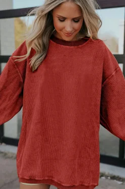 Discount Dear-Lover Ribbed Corduroy Oversized Sweatshirt Racing Red