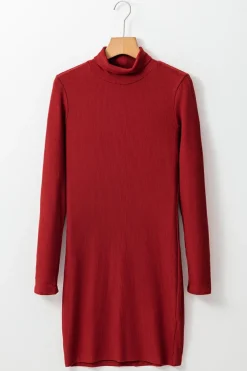 Best Dear-Lover Ribbed Knit Long Sleeve High Neck Mini Dress Racing Red