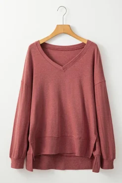 Hot Dear-Lover Side Slits V Neck Loose Fit Tunic Top Racing Red