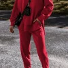 Fashion Dear-Lover Solid Color High Low Pullover and Skinny Pants Set Racing Red