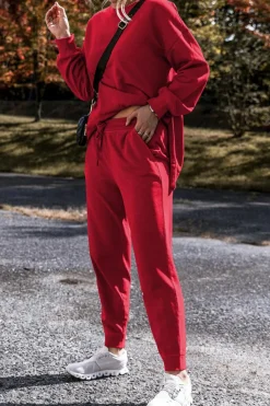 Fashion Dear-Lover Solid Color High Low Pullover and Skinny Pants Set Racing Red