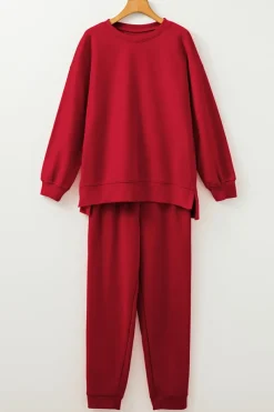 Fashion Dear-Lover Solid Color High Low Pullover and Skinny Pants Set Racing Red