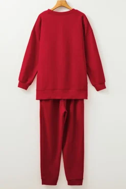 Fashion Dear-Lover Solid Color High Low Pullover and Skinny Pants Set Racing Red