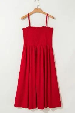 Fashion Dear-Lover Textured Shirred Ruffled Trim Spaghetti Strap Midi Dress Racing Red