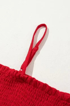 Fashion Dear-Lover Textured Shirred Ruffled Trim Spaghetti Strap Midi Dress Racing Red