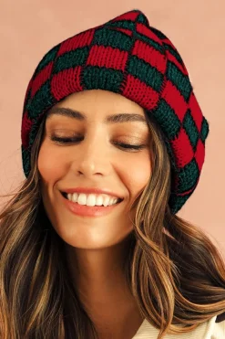 Online Dear-Lover Two Tone Checkered Folded Eaveless Beanie Cap Racing Red