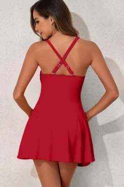 Clearance Dear-Lover U Neck Adjustable Straps Knotted Skirt Patchwork One Piece Swimsuit Racing Red