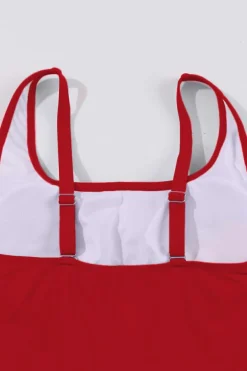 Clearance Dear-Lover U Neck Adjustable Straps Knotted Skirt Patchwork One Piece Swimsuit Racing Red