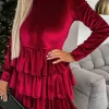 Clearance Dear-Lover Velvet High Neck Tiered Ruffle Mini Dress Racing Red