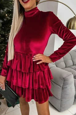 Clearance Dear-Lover Velvet High Neck Tiered Ruffle Mini Dress Racing Red