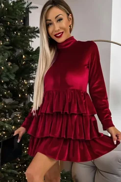 Clearance Dear-Lover Velvet High Neck Tiered Ruffle Mini Dress Racing Red