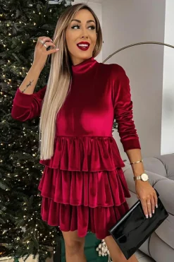 Clearance Dear-Lover Velvet High Neck Tiered Ruffle Mini Dress Racing Red