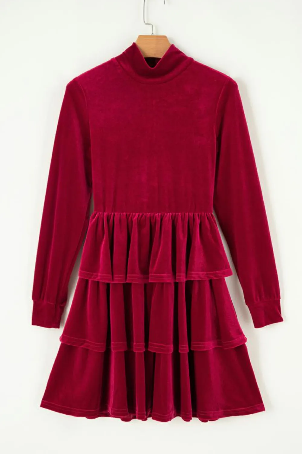 Clearance Dear-Lover Velvet High Neck Tiered Ruffle Mini Dress Racing Red